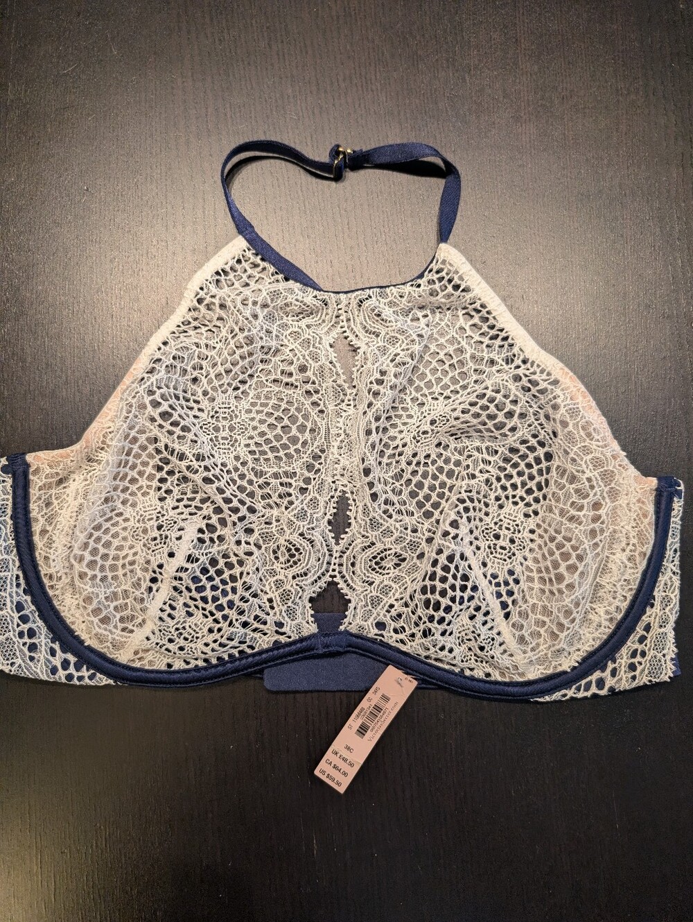 Victoria's Secret unlined High-neck 38C BRA  WHITE lace navy blue